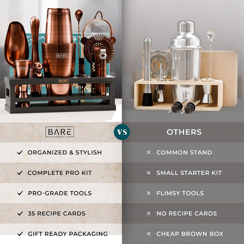 BARE BARREL® Mixology Bartender Kit Bar Set | 16-Piece Cocktail Shaker Set | Martini Barware Mixing Tools for Home Bartending | Incl. 35 Recipe Cards | Gift Set (28oz Boston Shaker, Copper/Black)