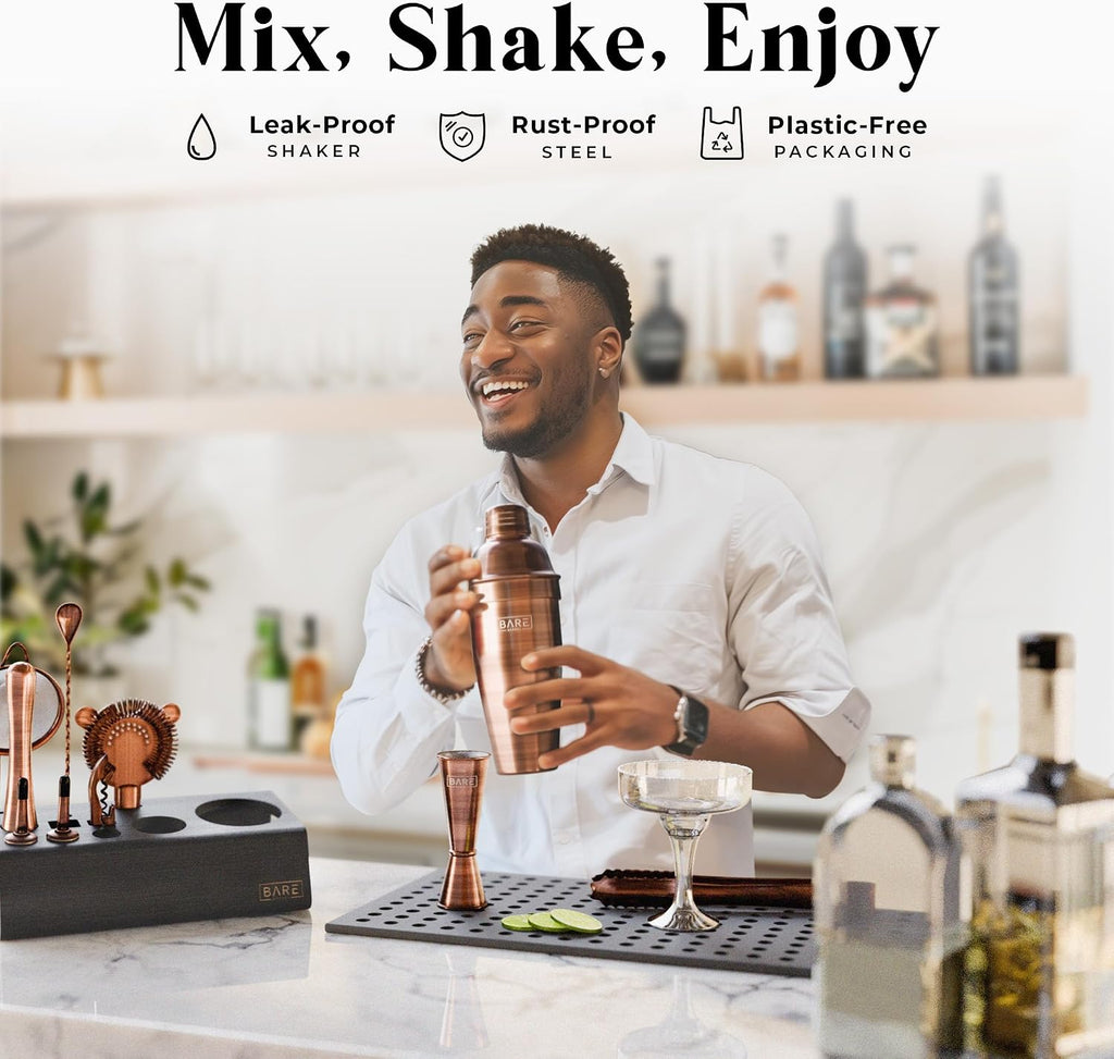 BARE BARREL® Mixology Bartender Kit Bar Set | 14-Piece Cocktail Shaker Set | Martini Barware Mixing Tools for Home Bartending | Incl. 35 Recipe Cards | Gift Set (24oz Cobbler Shaker, Copper/Black)