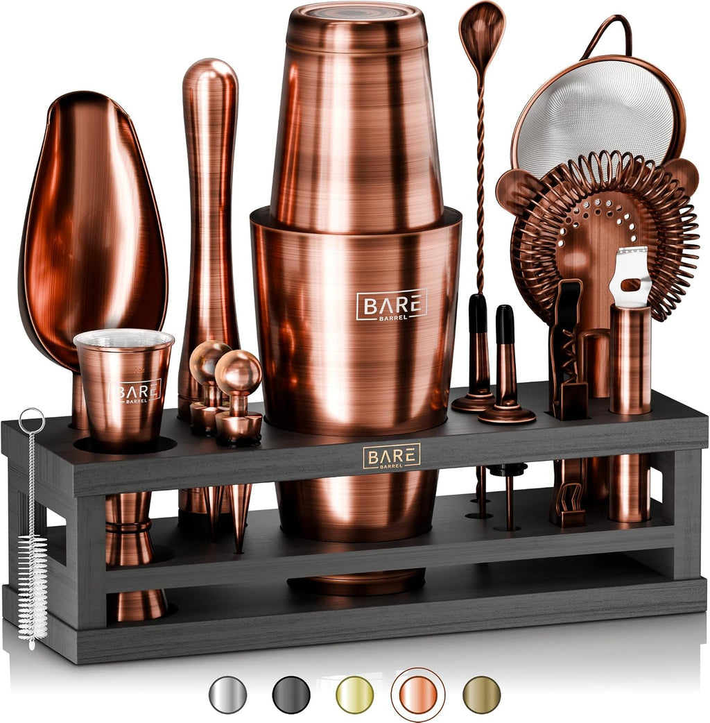 BARE BARREL® Mixology Bartender Kit Bar Set | 16-Piece Cocktail Shaker Set | Martini Barware Mixing Tools for Home Bartending | Incl. 35 Recipe Cards | Gift Set (28oz Boston Shaker, Copper/Black)