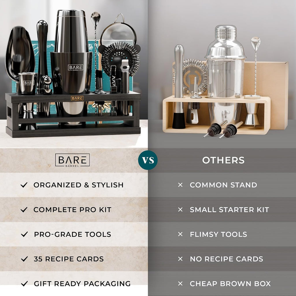 BARE BARREL® Mixology Bartender Kit Bar Set | 16-Piece Cocktail Shaker Set | Martini Barware Mixing Tools for Home Bartending | Incl. 35 Recipe Cards | Gift Set (28oz Boston Shaker, Jet Black/Black)