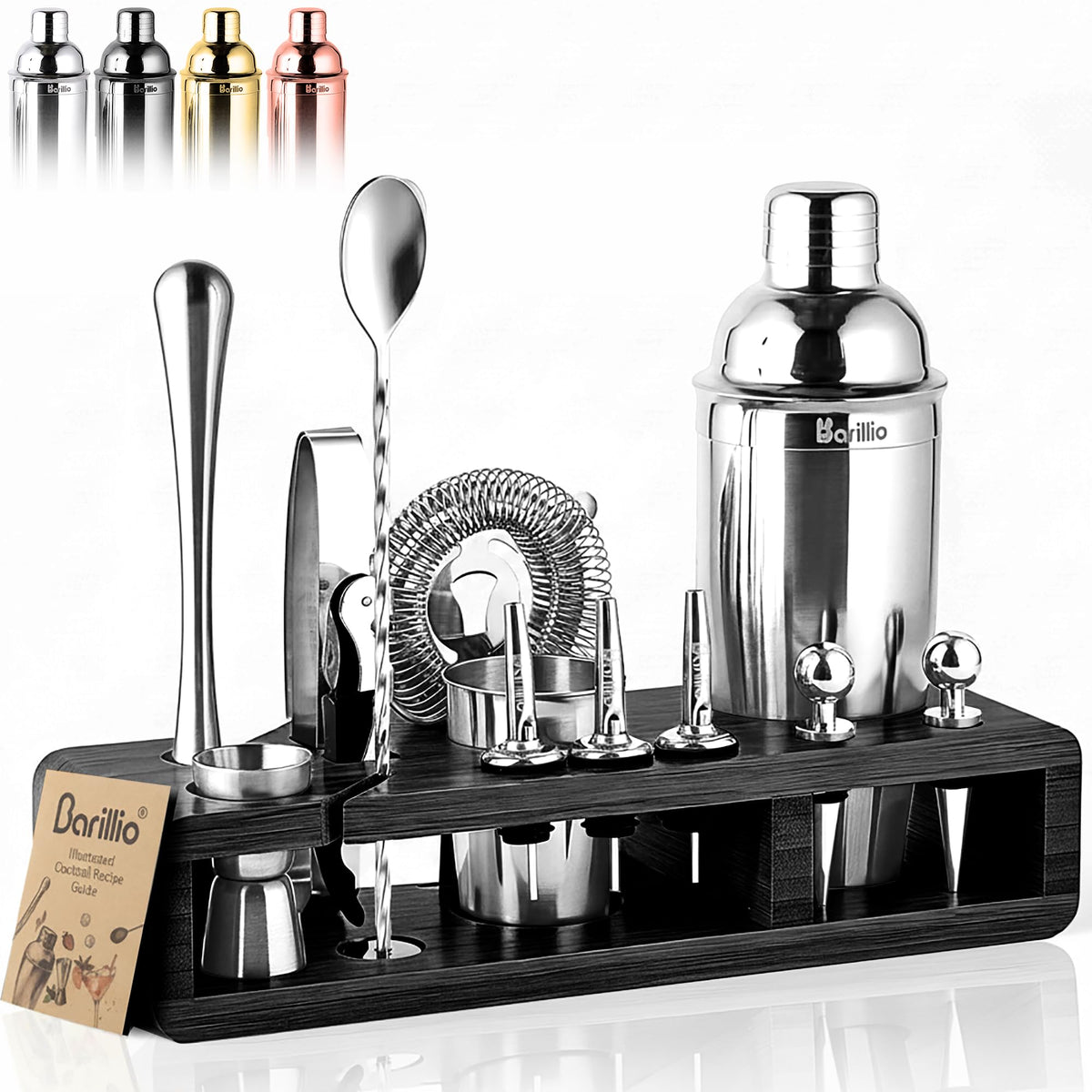 Barillio Black Bartender Kit - Stainless-Steel Cocktail Shaker Set w/Black Bamboo Stand - Mixology Bar Tools w/Drink Shaker, Mixer and Muddler for Cocktails - Home Bar Accessories - 23-Pc Bar Set