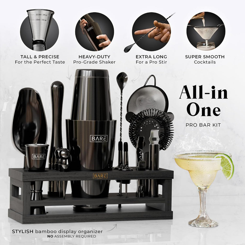 BARE BARREL® Mixology Bartender Kit Bar Set | 16-Piece Cocktail Shaker Set | Martini Barware Mixing Tools for Home Bartending | Incl. 35 Recipe Cards | Gift Set (28oz Boston Shaker, Jet Black/Black)