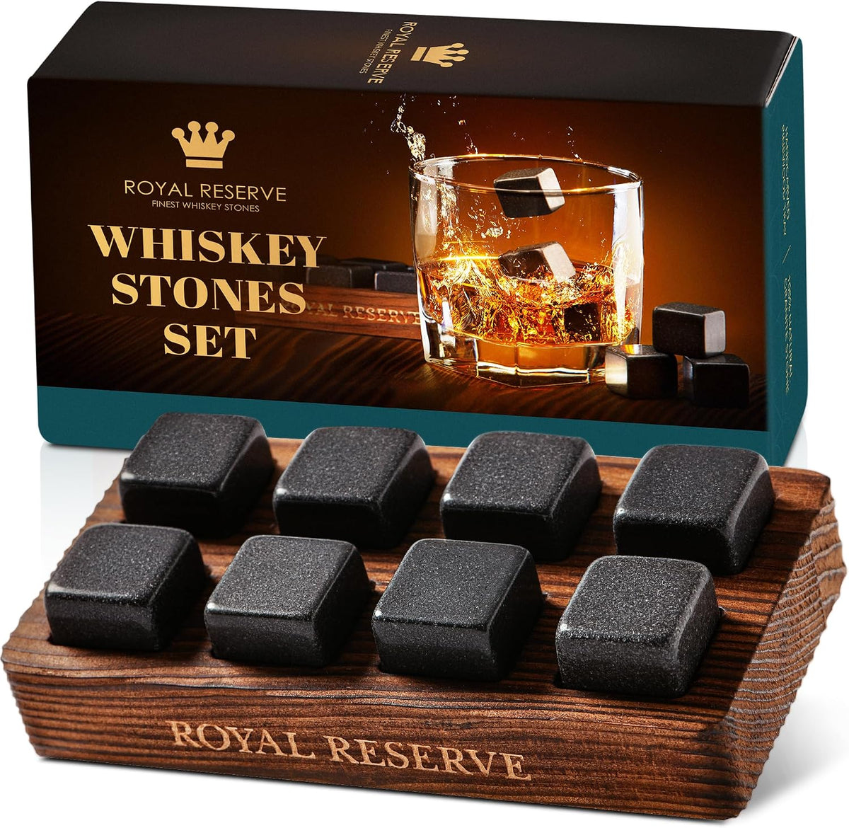 Whiskey Stones Gift Set by Royal Reserve – 8 Granite Chilling Rocks