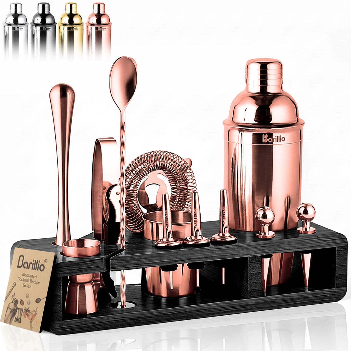 Barillio Black Bartender Kit - Stainless-Steel Cocktail Shaker Set w/Black Bamboo Stand - Mixology Bar Tools w/Drink Shaker, Mixer and Muddler for Cocktails - Home Bar Accessories - 23-Pc Bar Set