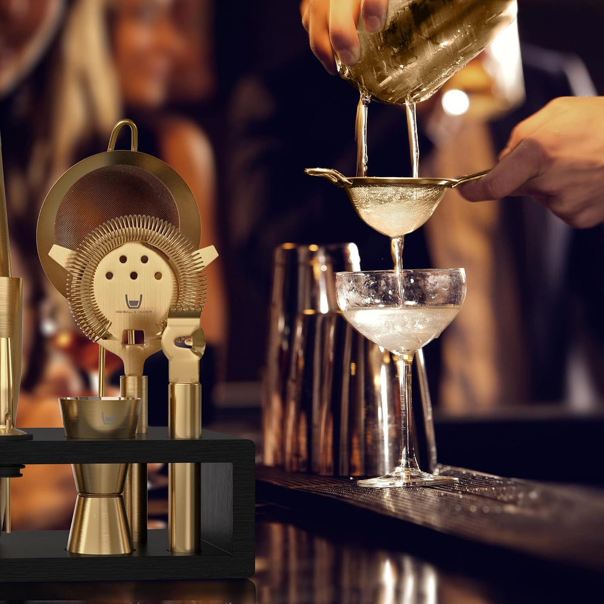 Highball & Chaser Bartender Kit with Black Bamboo Stand Beautiful Cocktail Shaker Set and Bar Tools Stainless Steel Boston Shaker Bartender Kit with Stand (Antique Gold)
