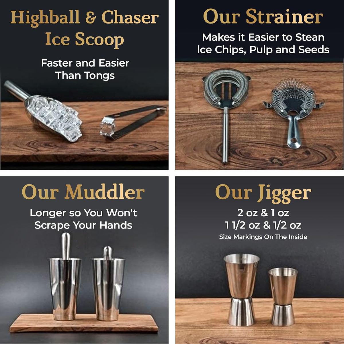 Highball & Chaser 13-Piece Boston Cocktail Shaker Set Stainless Steel Mixology Bartender Kit With Stand For Home Bar Cocktail Set | Laser Engraved Cocktail Tools | Plus E-Book with 30 Cocktail Recipes
