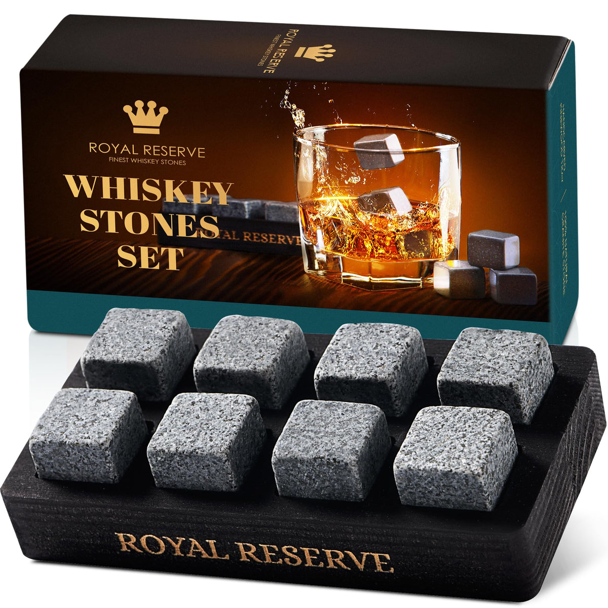 Whiskey Stones Gift Set by Royal Reserve – 8 Granite Chilling Rocks