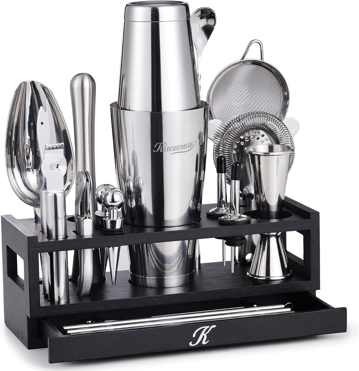 Kitessensu 25-PC Professional Bartender Kit, Bar Tool with Drawer Stand