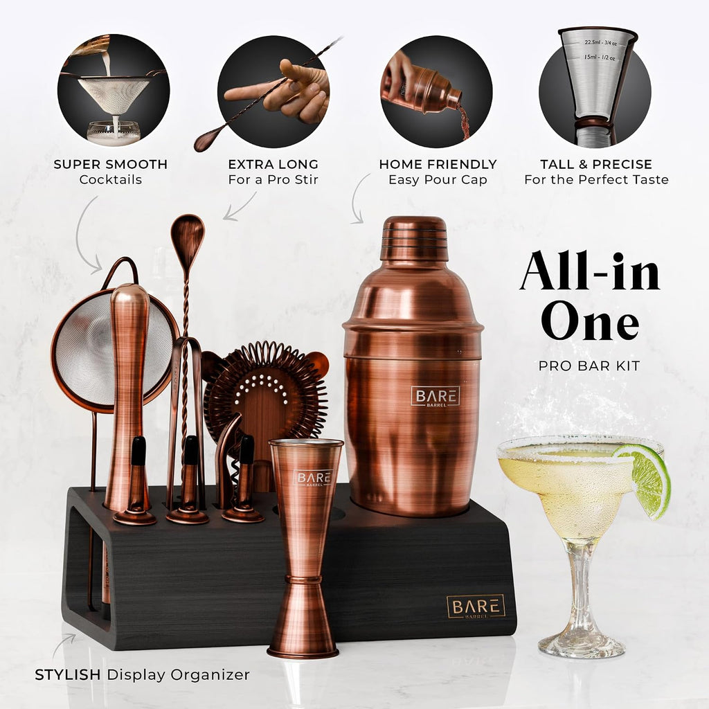 BARE BARREL® Mixology Bartender Kit Bar Set | 14-Piece Cocktail Shaker Set | Martini Barware Mixing Tools for Home Bartending | Incl. 35 Recipe Cards | Gift Set (24oz Cobbler Shaker, Copper/Black)