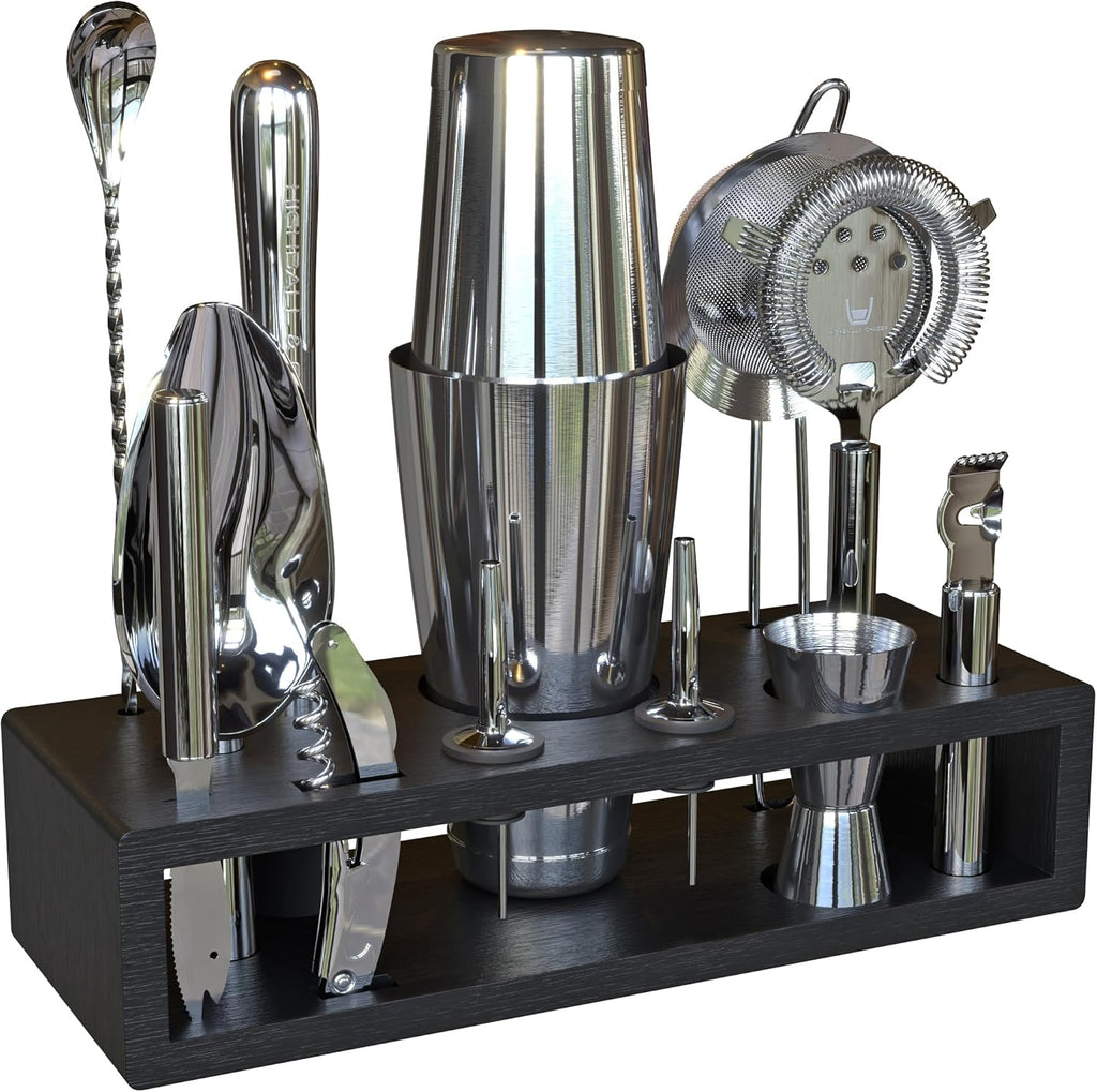 Highball & Chaser 13-Piece Boston Cocktail Shaker Set Stainless Steel Mixology Bartender Kit With Stand For Home Bar Cocktail Set | Laser Engraved Cocktail Tools | Plus E-Book with 30 Cocktail Recipes