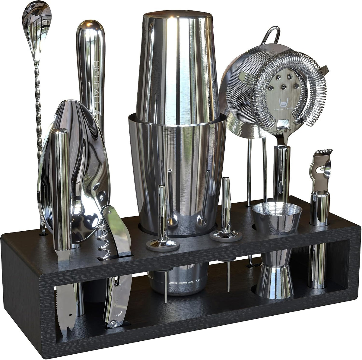 Highball & Chaser 13-Piece Boston Cocktail Shaker Set Stainless Steel Mixology Bartender Kit With Stand For Home Bar Cocktail Set | Laser Engraved Cocktail Tools | Plus E-Book with 30 Cocktail Recipes