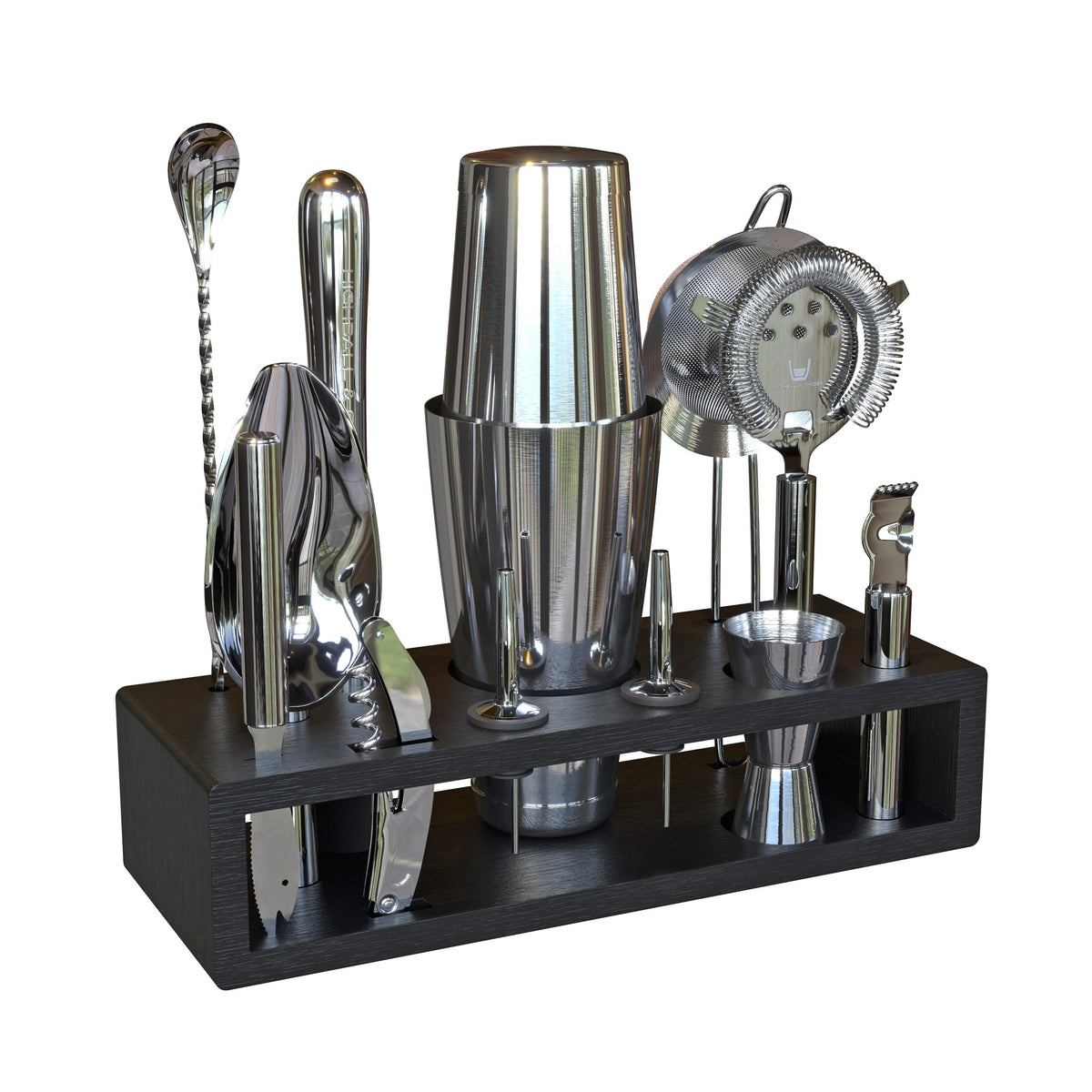 Highball & Chaser Bartender Kit with Black Bamboo Stand Beautiful Cocktail Shaker Set and Bar Tools Stainless Steel Boston Shaker Bartender Kit with Stand (Antique Gold)