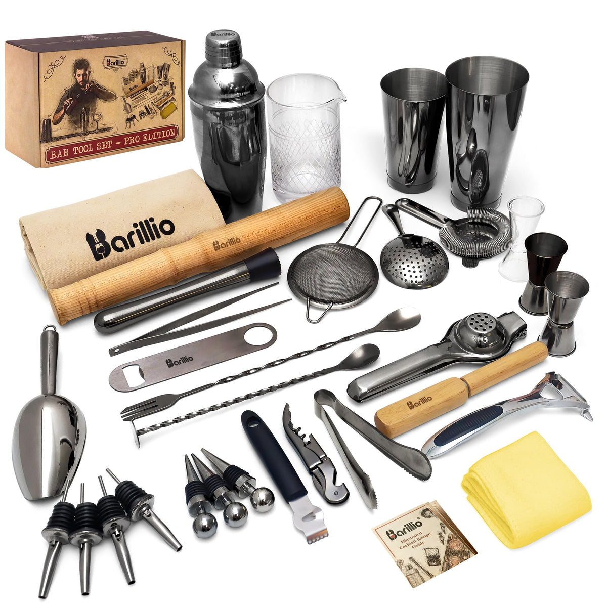 Barillio Bar Tool Set Pro Edition - Stainless-Steel Cocktail Shaker Set - Mixology Bartender Kit w/Boston Shaker, Drink Mixer & Muddler for Cocktails - Home Bar Accessories - 32-Pc Bar kit