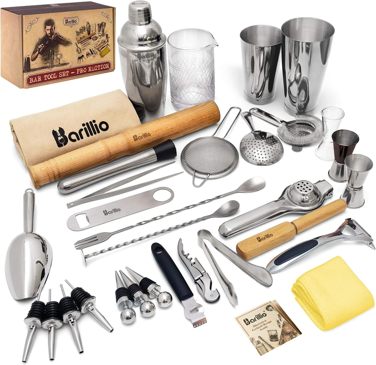 Barillio Bar Tool Set Pro Edition - Stainless-Steel Cocktail Shaker Set - Mixology Bartender Kit w/Boston Shaker, Drink Mixer & Muddler for Cocktails - Home Bar Accessories - 32-Pc Bar kit