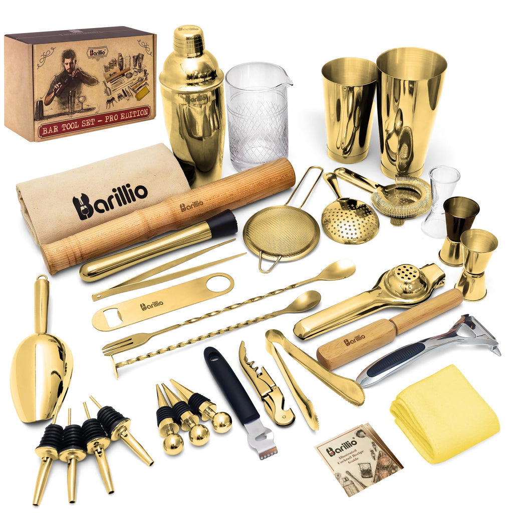 Barillio Bar Tool Set Pro Edition - Stainless-Steel Cocktail Shaker Set - Mixology Bartender Kit w/Boston Shaker, Drink Mixer & Muddler for Cocktails - Home Bar Accessories - 32-Pc Bar kit